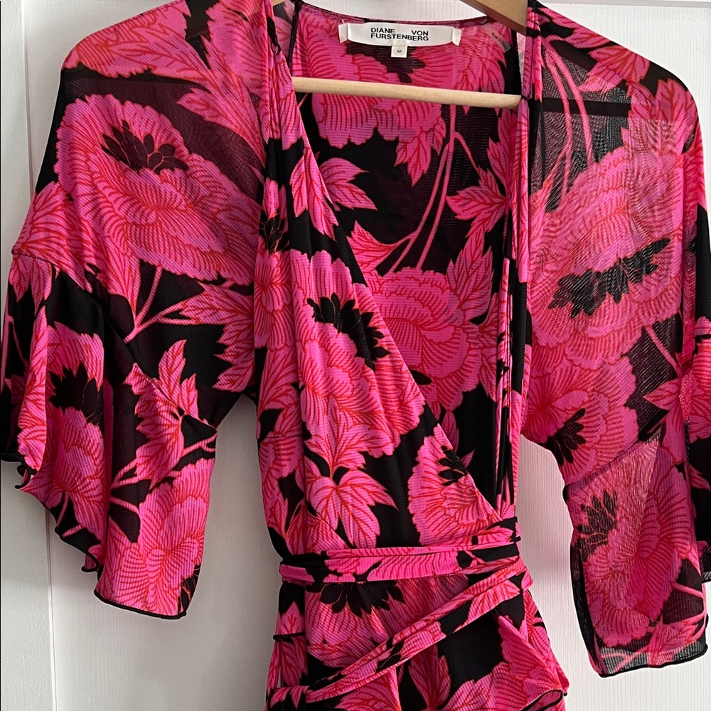 Diane Von Furstenberg Pink and Black Floral Wrap Dress